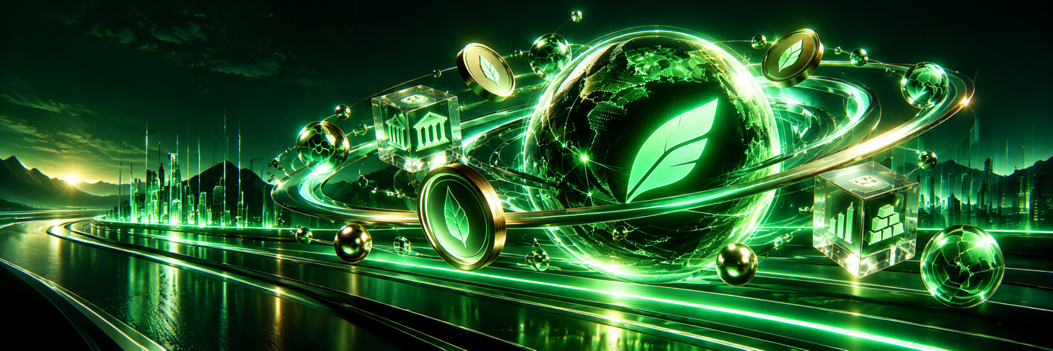 A luminous green financial sphere surrounded by orbital rings, asset coins and transparent modules